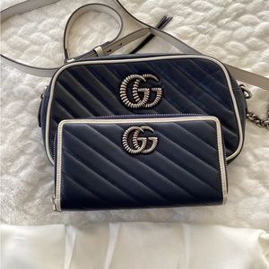 Gucci GG Marmont Camera Purse Navy leather Cross body bag and matching wallet
